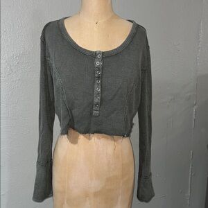 Soft Surroundings Olive Cropped Henley Waffle Top